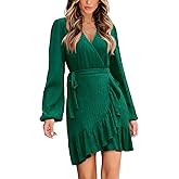 CUPSHE Womens Ruched Fall Dresses V Neck Long Sleeve Belted Ruffled Casual Bodycon Flowy Party Elegant Mini Cocktail Dress