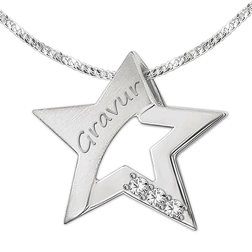 CLEVER SCHMUCK Set mit Gravur: Silberner Anhänger Stern 15 mm seidenmatt und glänzend mit 3 Zirkonias offene Form und Kette S