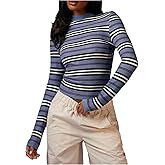 MakeMeChic Women's Fall Striped Vintage Tee Shirt Long Sleeve Mock Neck Fitted Tops