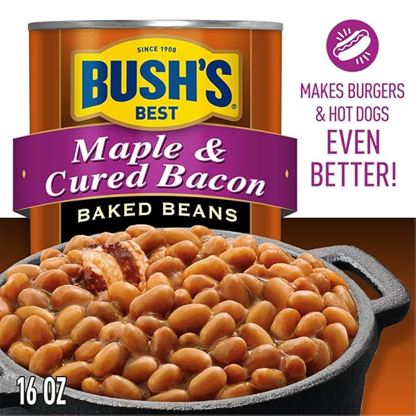 BUSH’S BEST 16 OZ CANNED MAPLE CURED BACON BAKED BEANS SOURCE OF PROTEIN AND FIBER, LOW FAT, GLUTEN FREE, (PACK OF 12)