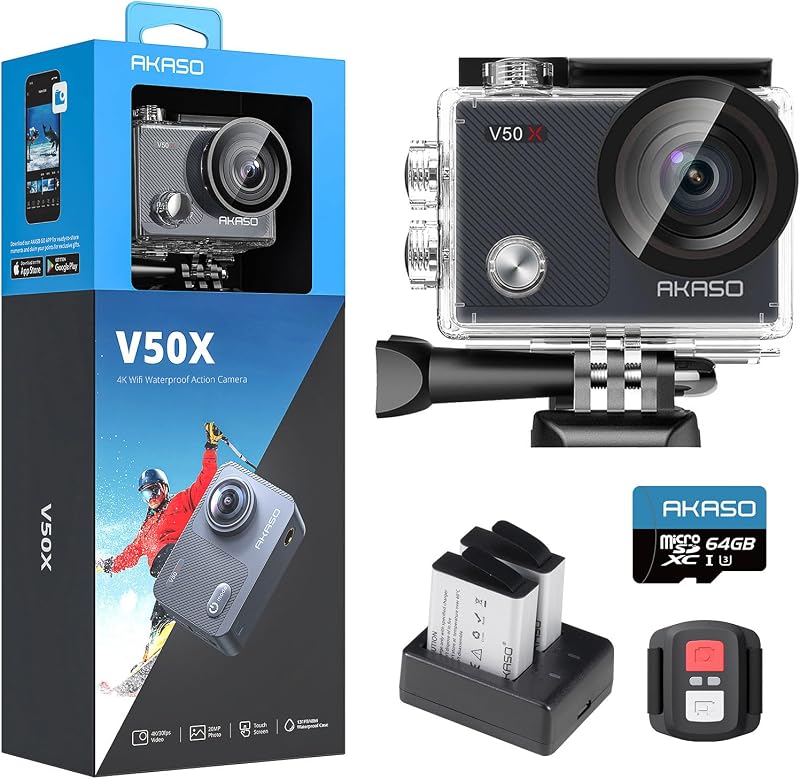 AKASO V50 X 4K Action Camera 64GB Card EIS Touch Screen Waterproof Case Remote