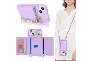 SunYoo for iPhone 15 Case with Card Holder,Phone Case for iPhone 15 Case with Strap Crossbody Lanyard Stand Ring,15 Wallet Case for Women,Leather Zipper Pocket Case-Purple