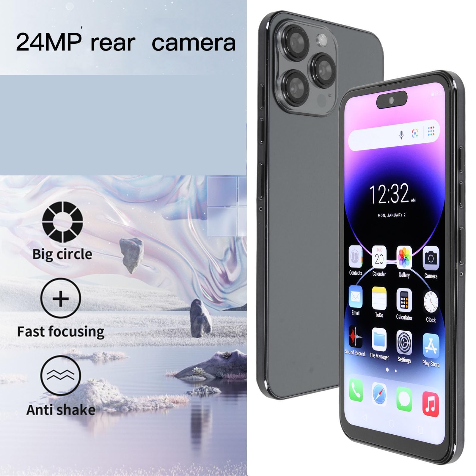 I14pro Max Unlocked Cell Phone, HD 6.6 Inch Full Screen Ultra Thin Phone for Android, 8GB RAM 256GB ROM, 8MP 24MP Dual Camera, 2.4G 5G Wifi Dual Card Cell Phone (Black)