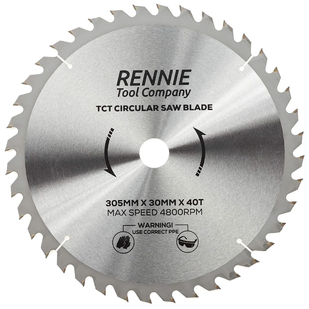Rennie Tools - 305mm x 30mm x 40T TCT Circular Wood Saw Blade Includes 25mm 20mm & 16mm Bore Reduction Rings. Compatible with Bosch Makita Dewalt Circular Saw Etc.