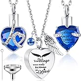 Jadive 3 Pcs Urn Necklace Cremation Heart Ashes Jewelry for Women Ocean Crystal Necklace Summer Waterproof Memorial Pendant Stainless Steel Keepsake with Angel Wing 12 Birthstones Filling Kit