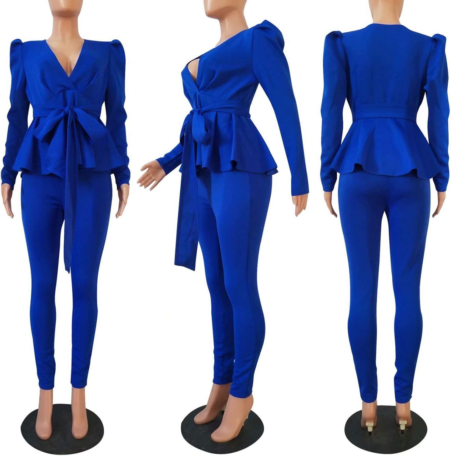 Womens Two Piece Outfits-Sexy V Neck Blazer with Skinny Long Pants Slim Fit Ruffle Pelplum Business Suit Sets