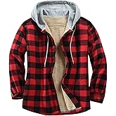 Derbars Men's Cotton Plaid Shirts Jacket Fleece Lined Flannel Shirts Sherpa Button Down Jackets with Hood for Men