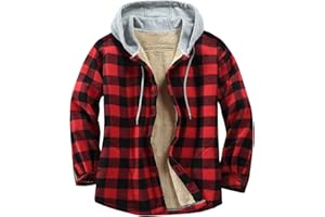 Derbars Men's Cotton Plaid Shirts Jacket Fleece Lined Flannel Shirts Sherpa Button Down Jackets with Hood for Men