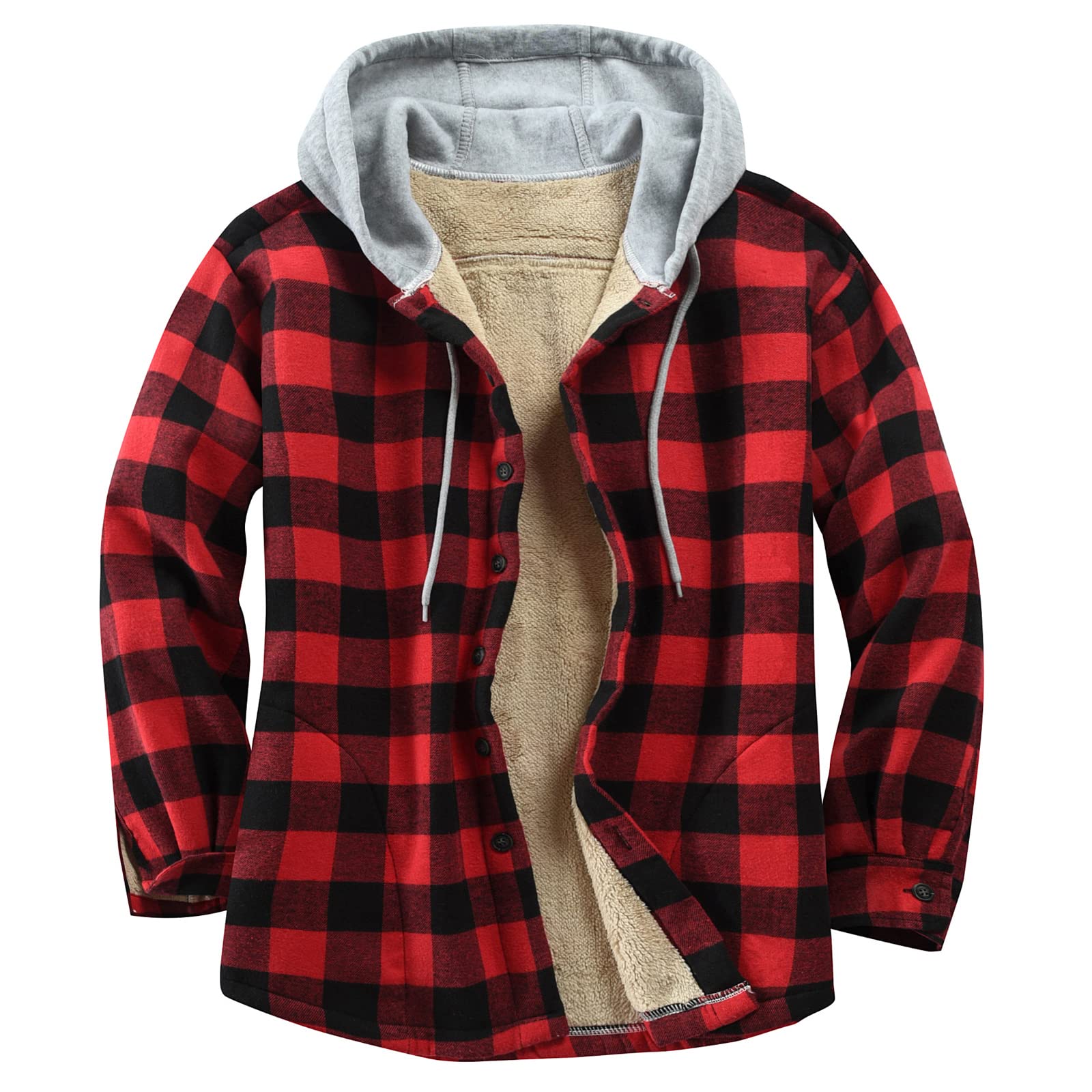 Derbars Men's Casual Long Sleeve Flannel Shirt Jackets Sherpa Lined Button Down Shirt Coat with Hood Red Small Image