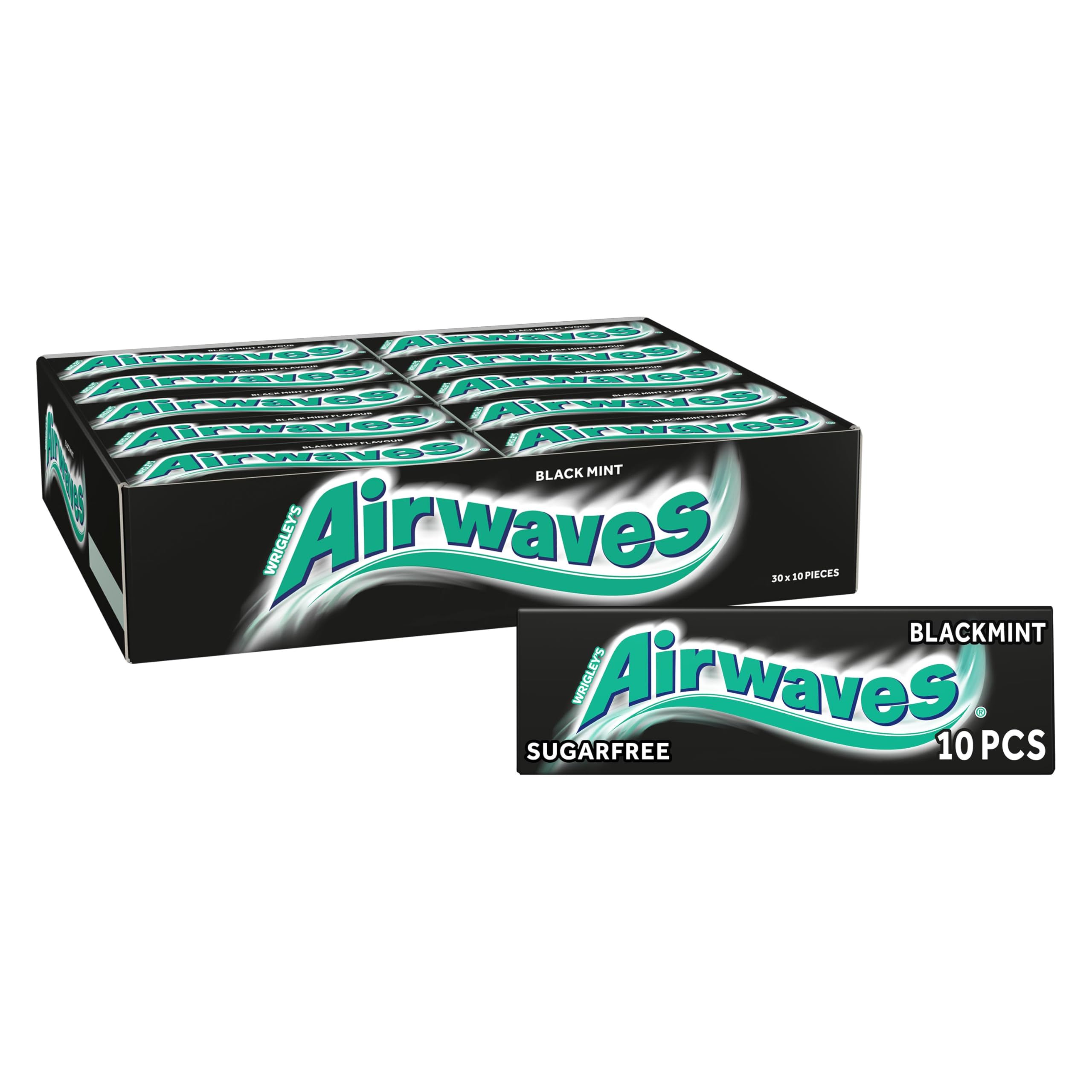 Airwaves Chewing Gum Black Mint, 30 Packs of 10 Pieces, Sugar Free Chewing Gum Bulk Pack with Menthol Freshness (300 pieces)