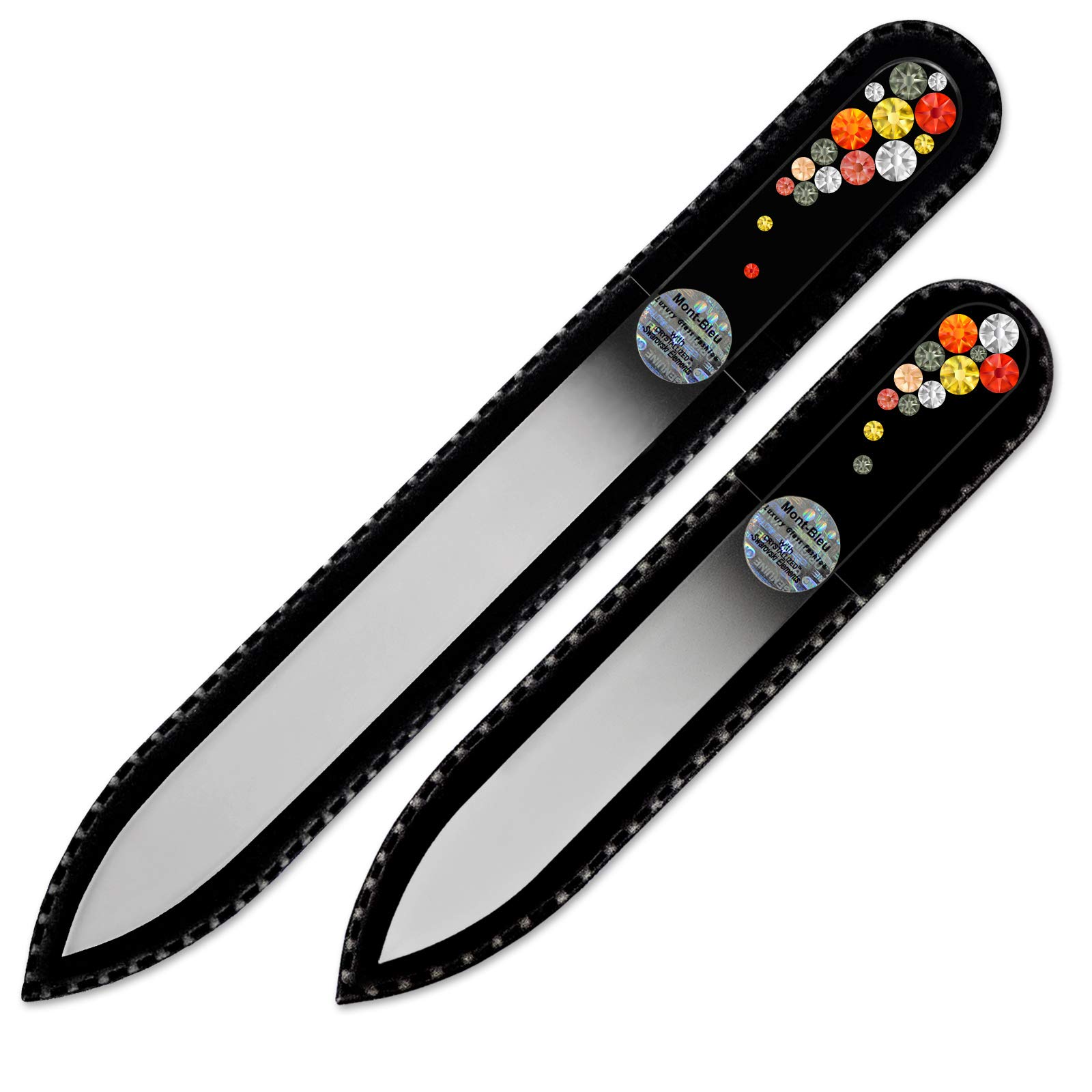 Mont Bleu Premium Set of 2 Crystal Nail Files Hand Decorated with crystals - in Black Velvet Sleeve - Genuine Czech Tempered Glass - Handmade Glass Nail File for natural nails