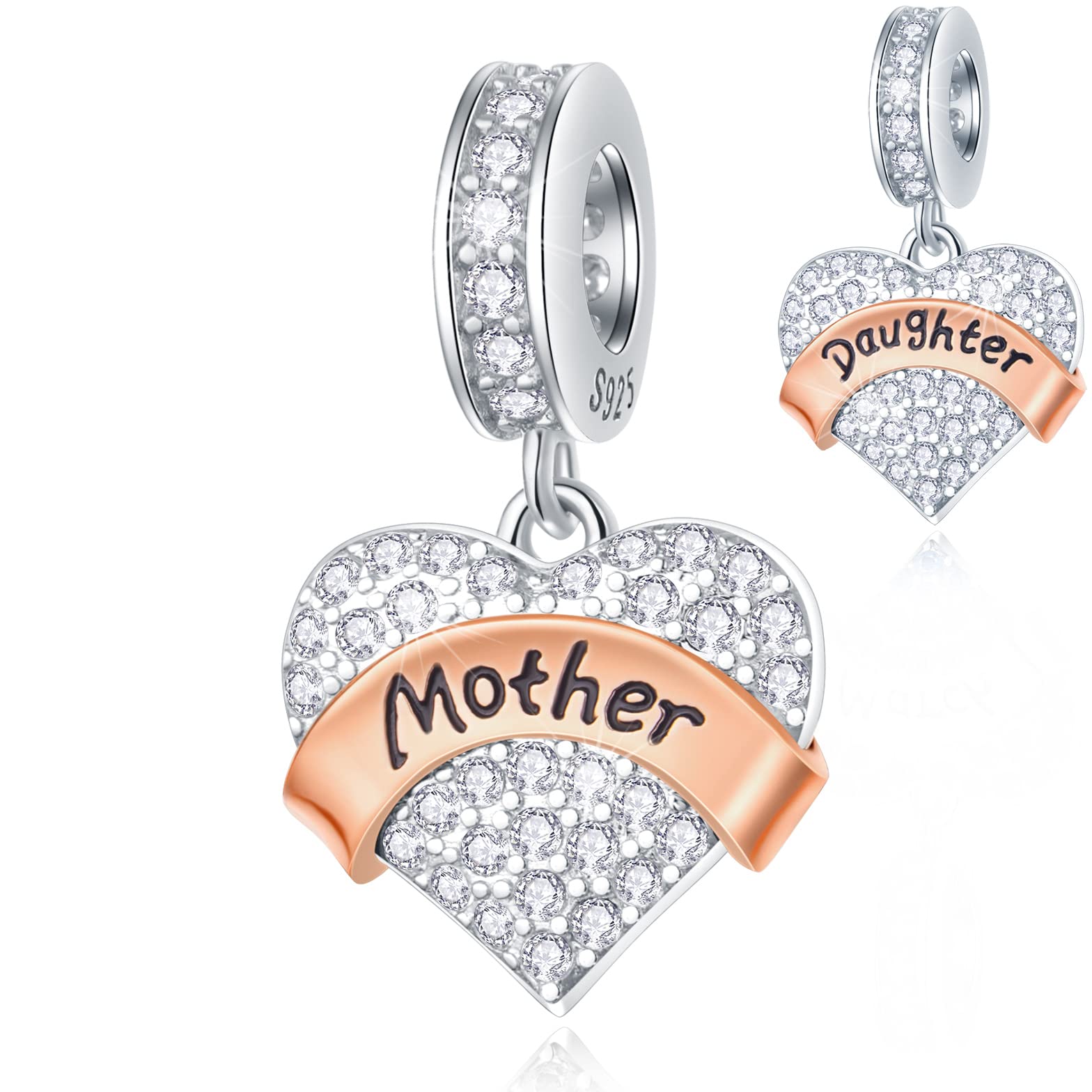 Mother and Daughter Heart Pendant Charms, fits Pandora First Mothers Day Bracelet, 925 Sterling Silver Mom Love Girl Dangle Sparkle CZ Beads, Gift for Mama in Law/Christmas