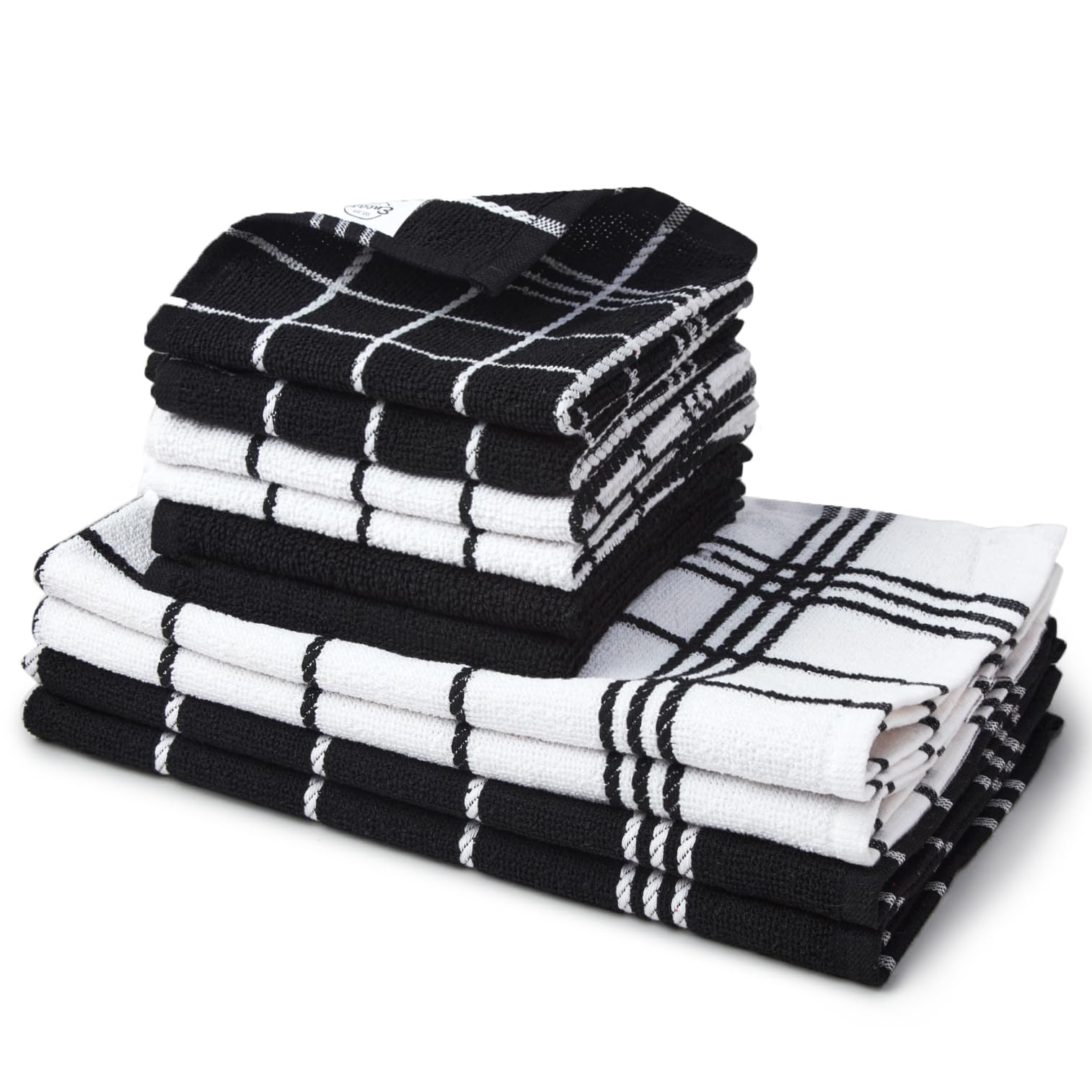 Encasa XO Kitchen Towels and Dish Cloths Sets | Black Combo Highly Absorbent Cotton Terry Towels | 30x30 cm & 40x60 cm | Multipurpose for Washing Dishes and Cleaning Pack of 10