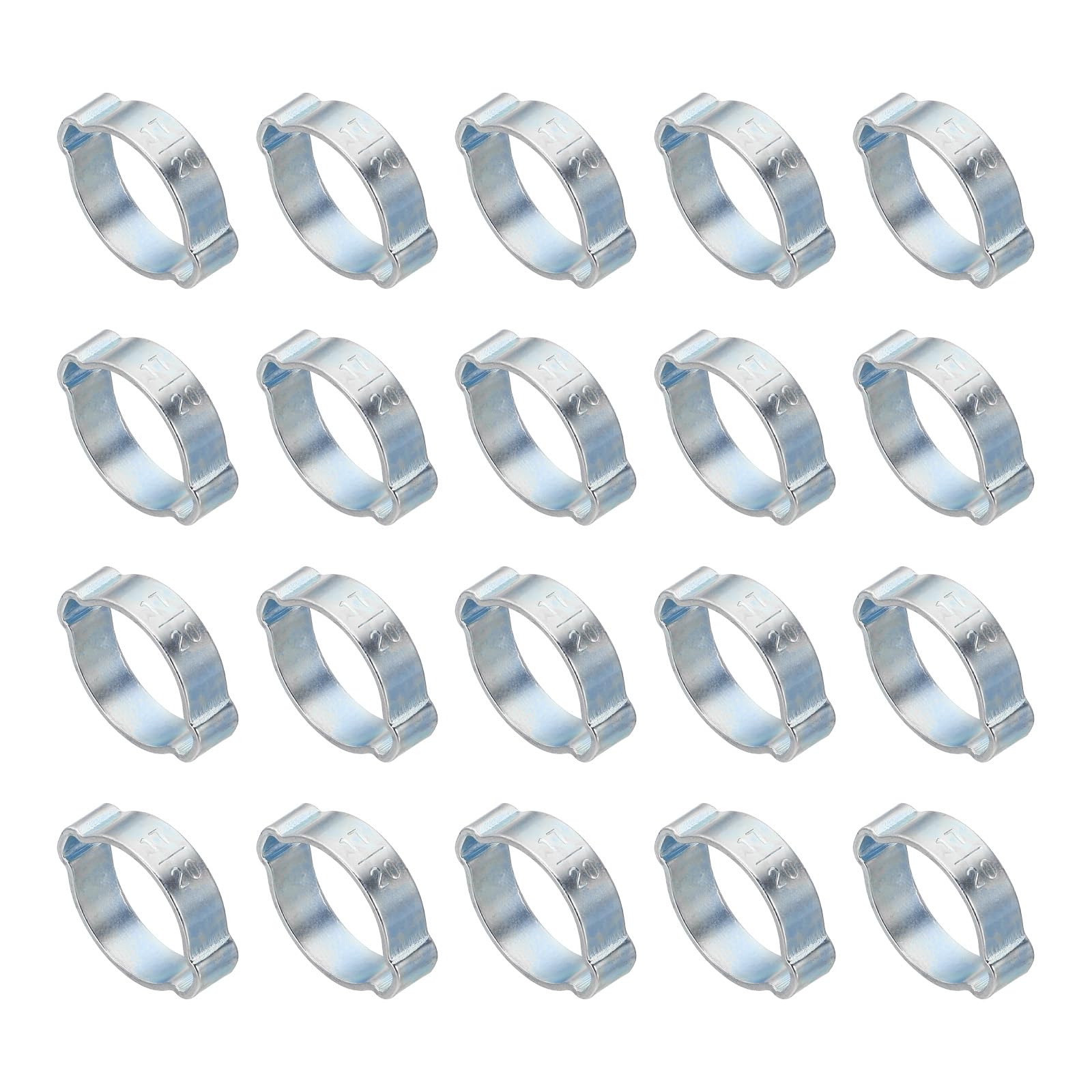 PATIKIL 20 Pack 17-20mm Double Ear Hose Clamp, Galvanized Steel O Clip Crimp Rings for Fuel Petrol Pipe Tube Fitting Connections, Silver Tone