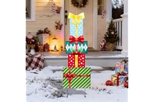 Bshine Outdoor Christmas Decoration Yard Sign, 41.5" Box Metal Stakes, Stackable Gift Boxes for Holiday Home Xmas Outdoor Garden, Lawn, Patio, Porch Decor, 4 Pack