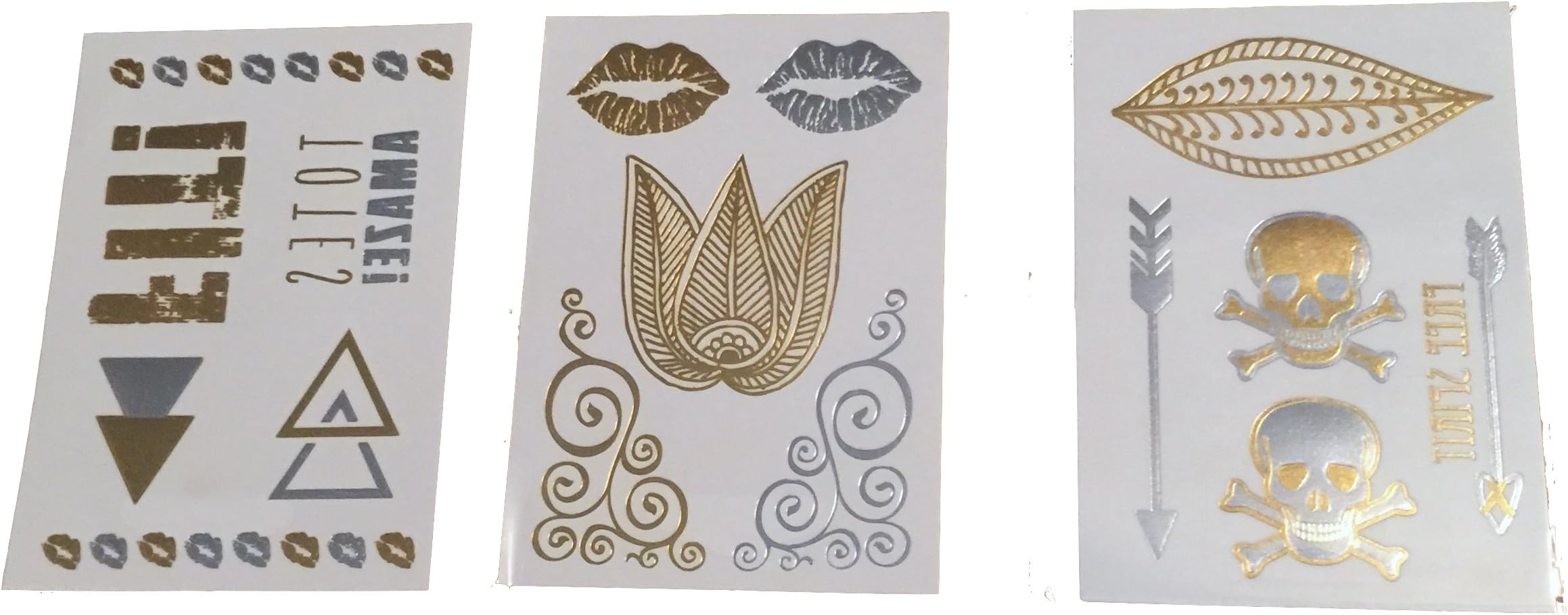 Metallic Gold and Silver Temporary Tattoos Skulls Arrows Leaf Lips FIT and More Fun Flash Tattoo Body Art Decoration Over 25 Tattoos, 3 Sheets