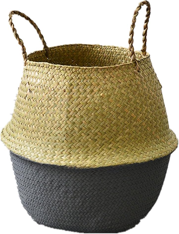 Hand Woven Seagrass Belly Storage Basket, Tote Planter for Storage, Laundry, Picnic, Plant Pot, and Beach Bag, Home Kitchen Organizer (Grey, S)