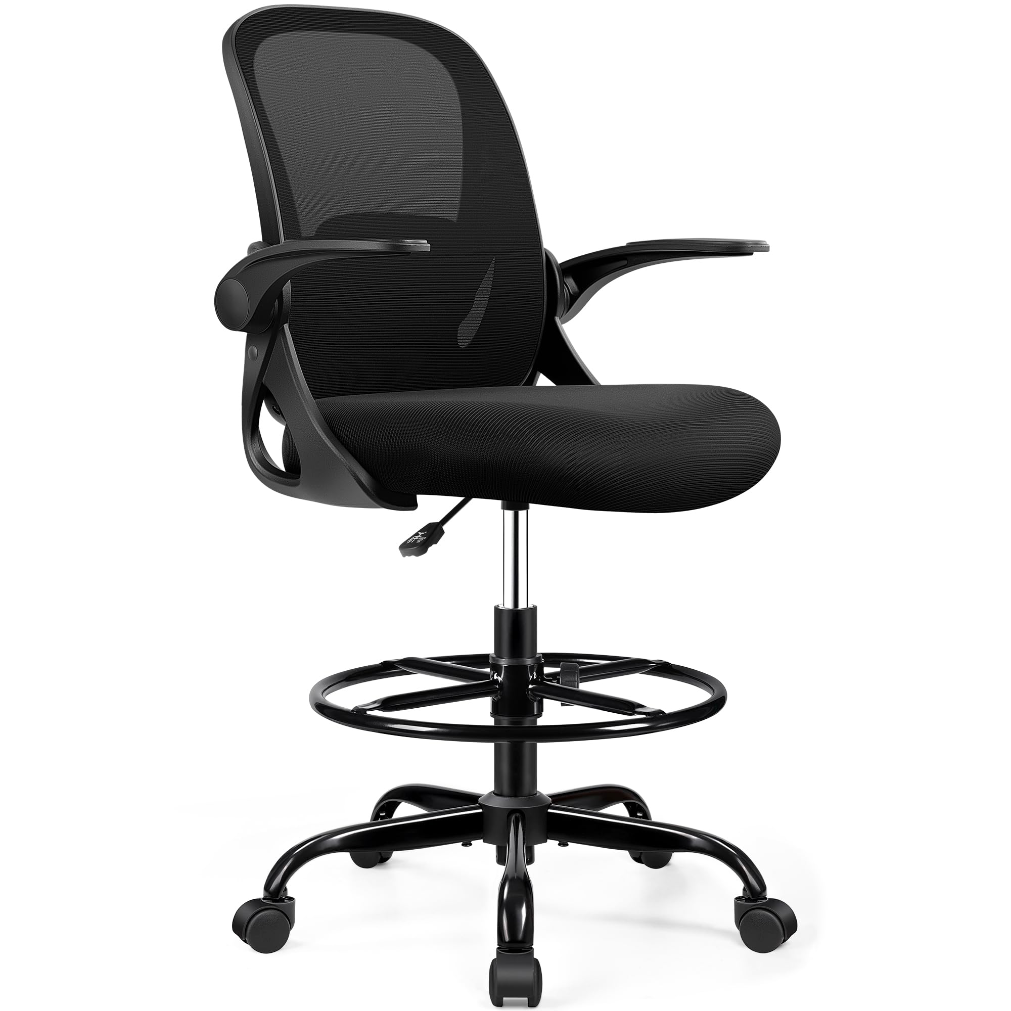 Drafting Chair Tall Office Chair with Flip-up Armrests, Adjustable Height, and Enhanced Lumbar Support - Ergonomic Rolling Stool, Back Support, and Adjustable Foot Rest Ring for Standing Desk Black