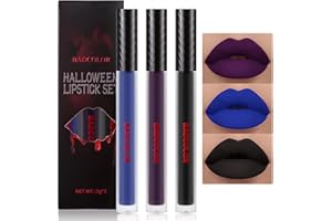 BADCOLOR 3 Colors Matte Liquid Lipstick Set, 24-Hour Smudge Proof Permanent Dark Lipstick Waterproof Velvet Nonstick Cup Stain Lip Gloss Set, Halloween Makeup Lip Gloss Gift - Purple, Black, Blue