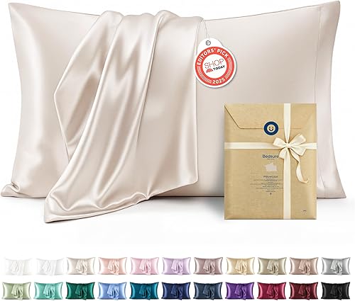 Bedsure Satin Pillowcases, Similar to Silk Pillow Cases Queen Size Set of 2, Cooling Pillow Case for Sleeping Women with Envelope Closure, Gifts for Women Men, Beige, 20x30 Inches, 2pcs
