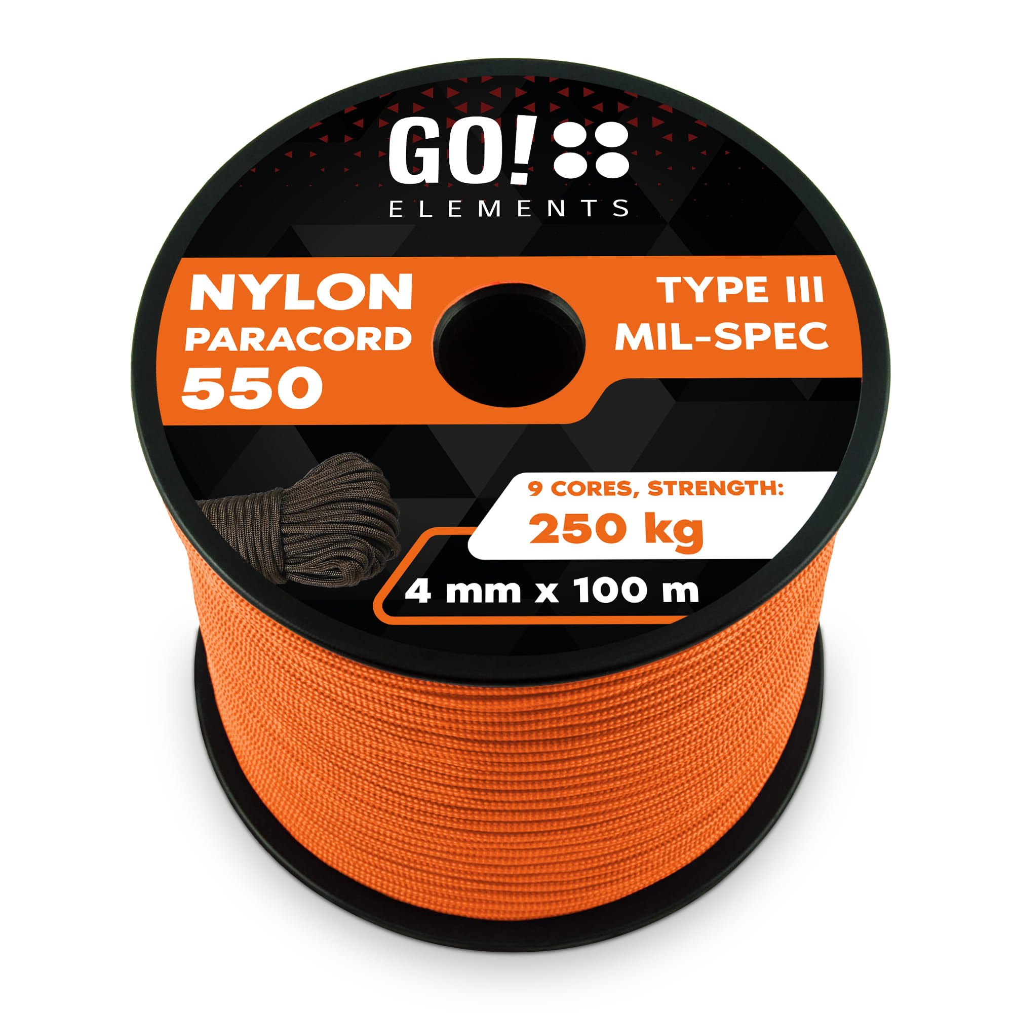 GO!elements 100m Paracord made of Nylon Rope - 4mm Paracord 550 Type III - suitable as Drawstring Cord, Washing Line Rope, etc. | Max. 250kg, Color:Orange
