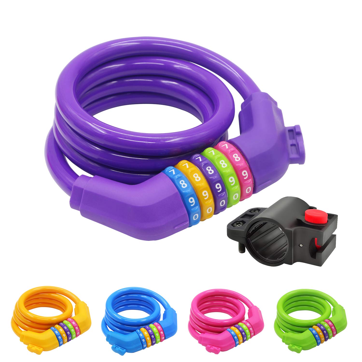 IDEALUX Sport Bike Lock Cable, 4-Feet Bicycle Cable Lock with 5-Digit Resettable Combination Bike Cable Lock - Purple