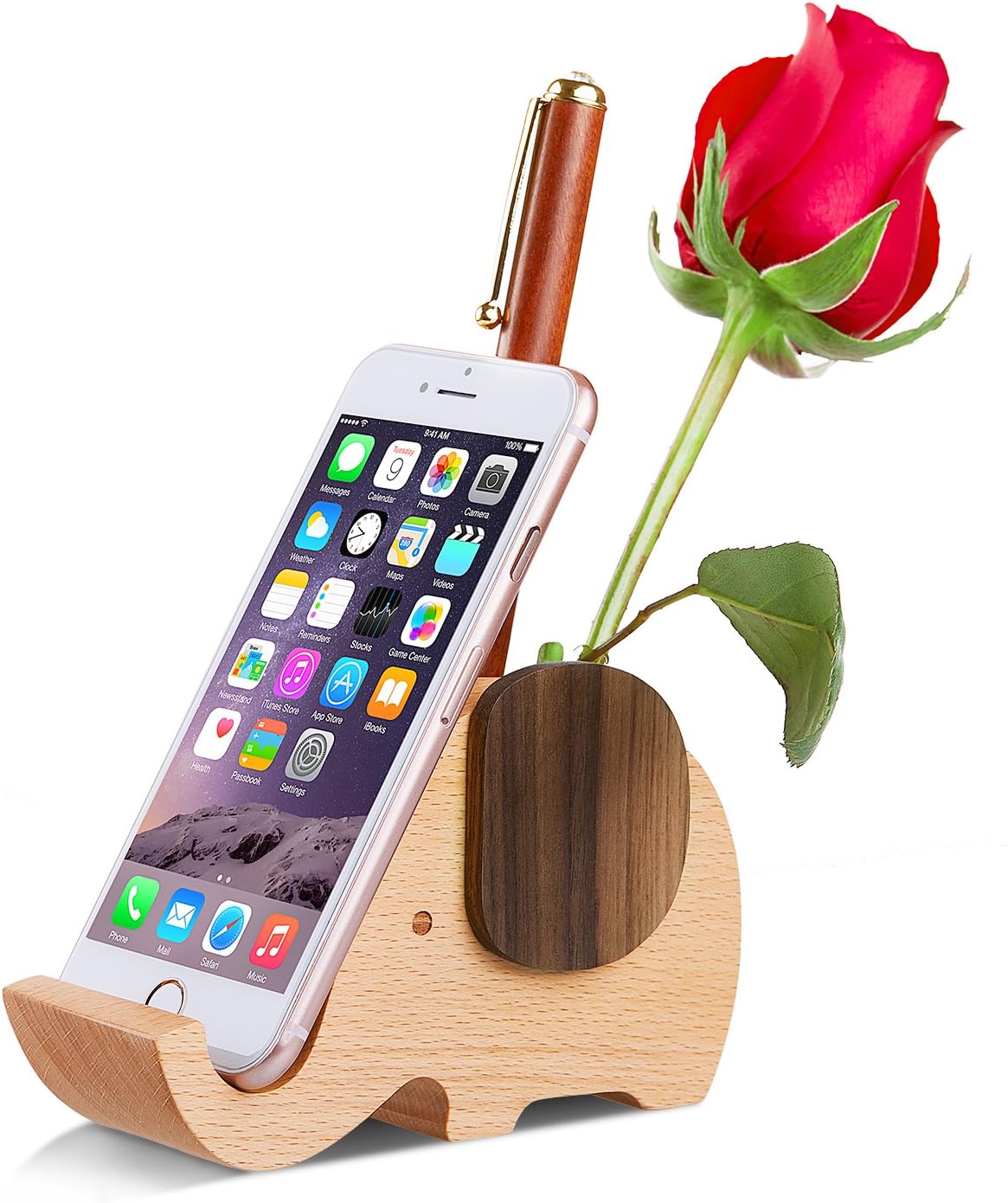 AhfuLife Elephant Pencil Phone Stand Christmas Gifts Ideas for Women Beech&Walnut Wooden Pen Pot Holder Desk Decoration Stationary Gifts for Women Xmas Birthday Mother's Day Valentine's Day