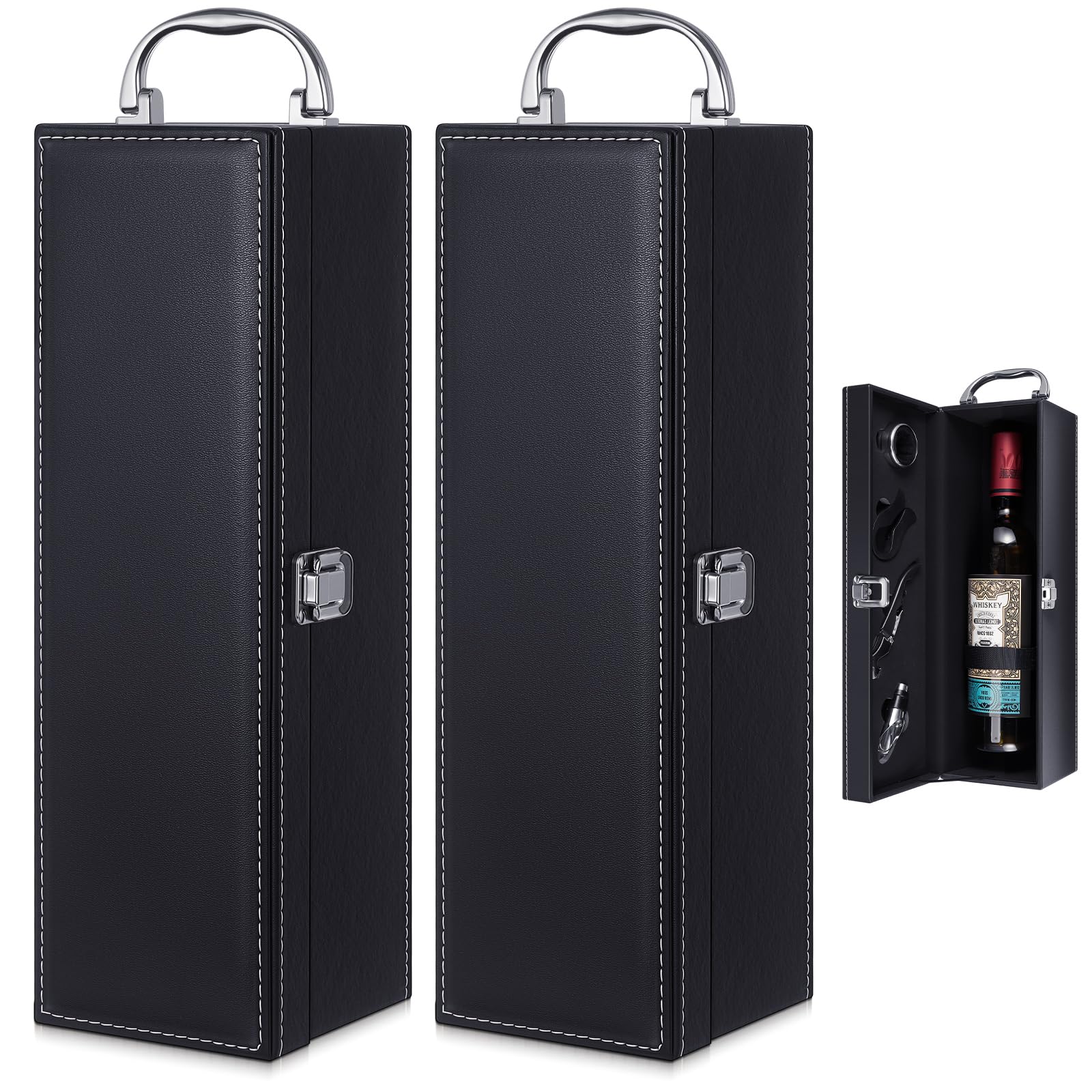 Photo 1 of AceOrbit 2 Pcs Wine Gift Boxes Set Black Leather Boxes with Handle and 4 Wine Accessories for Christmas Birthday Party Wedding Staff Employee Appreciation Father Day Gift