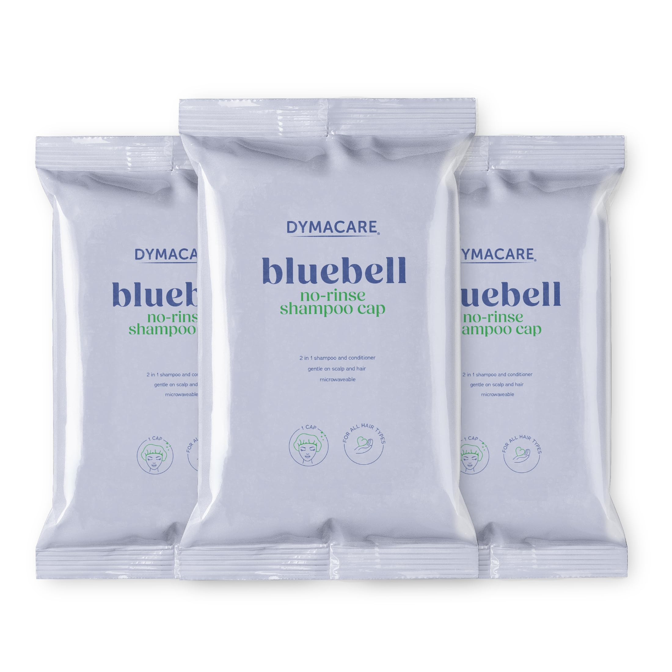 DYMACARE Bluebell No Rinse Shampoo Cap | Rinse Free Shower Cap that Shampoos & Conditions | PH Balanced Waterless Hair Wash | 3 Caps