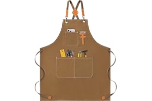 Riqiaqia Chef Apron for Women Men, Cotton Canvas Cross Back Apron with Adjustable Strap and Large Pockets (browm)