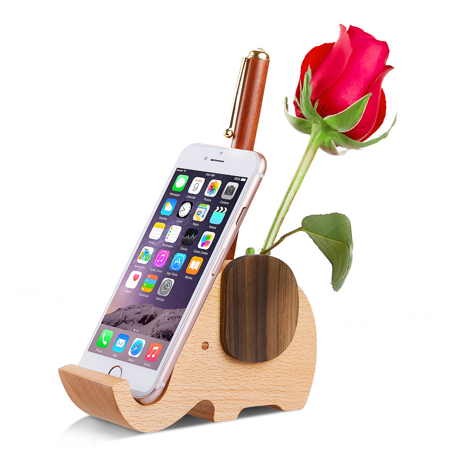 AhfuLife Elephant Pencil Phone Stand Christmas Gifts Ideas for Women, Beech&Walnut Wooden Pen Pot Holder Desk Decoration Stationary Gifts for Women Xmas Birthday Mother's Day Valentine's Day