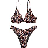 SweatyRocks Women's 2 Piece Bathing Suit Floral Print Tie Back Swimsuit Smocked High Cut Boho Bikini Set