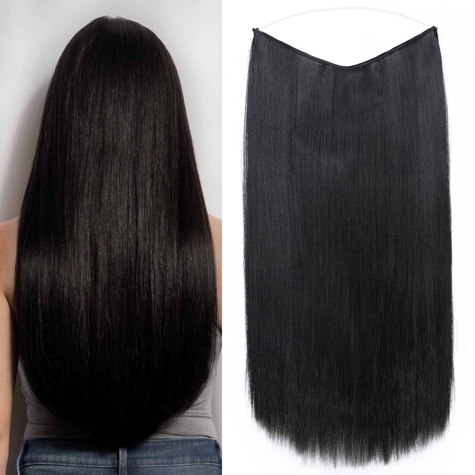 Secret Headband Wire in Natural Hair Extensions Rubber Band Straight Curly Wavy Hairpieces Brown Blonde Ombre for Women 16" Straight - Dark Black