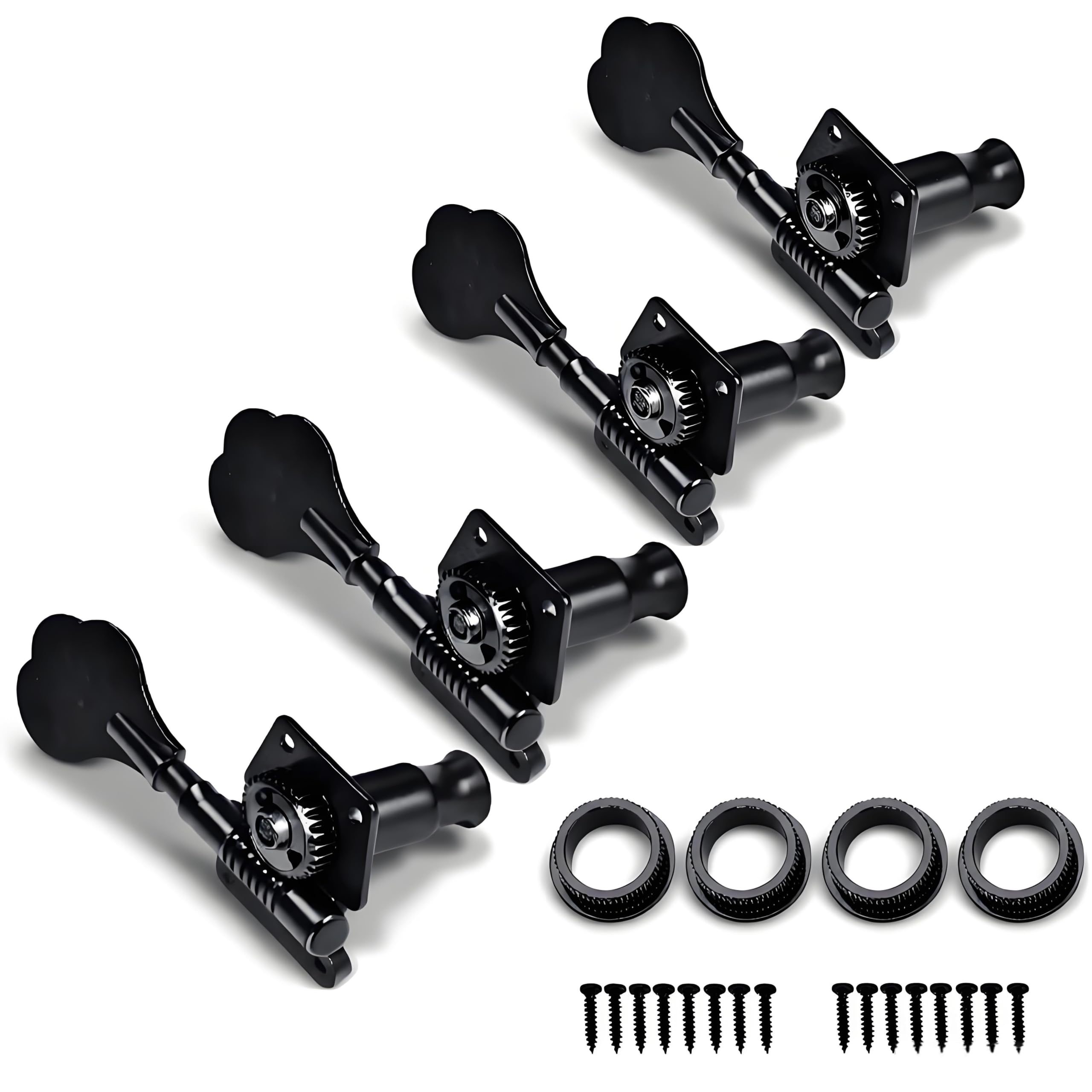 4R Bass Tuning Pegs, Black Open Gear Tuners Zinc Alloy Plum Shape Machine Heads Bass Instrument Replacement Parts