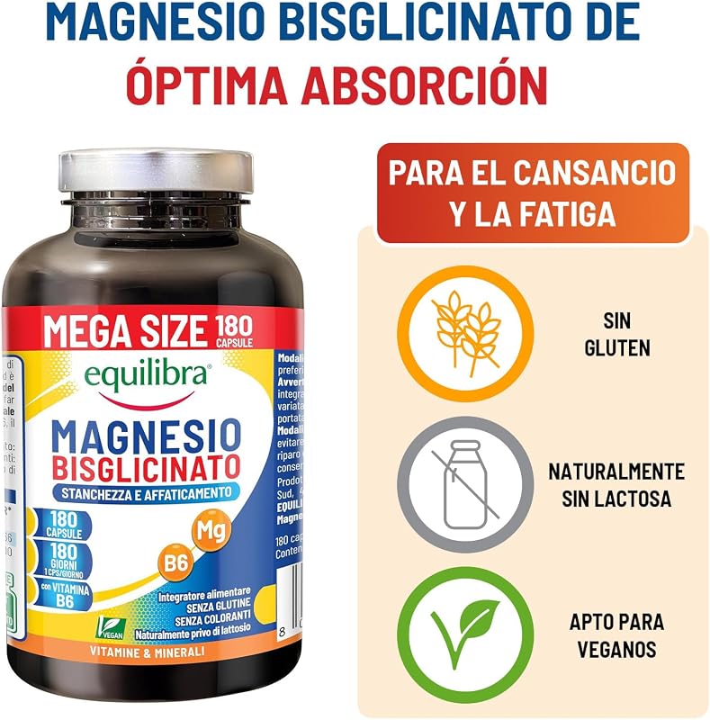 Bisglicinato de Magnésio, 180 cápsulas, 250mg, com vitamina B6, fornecimento de 6 meses, vegan, para cansaço e fadiga, sistema nervoso, função psicológica, sem glúten