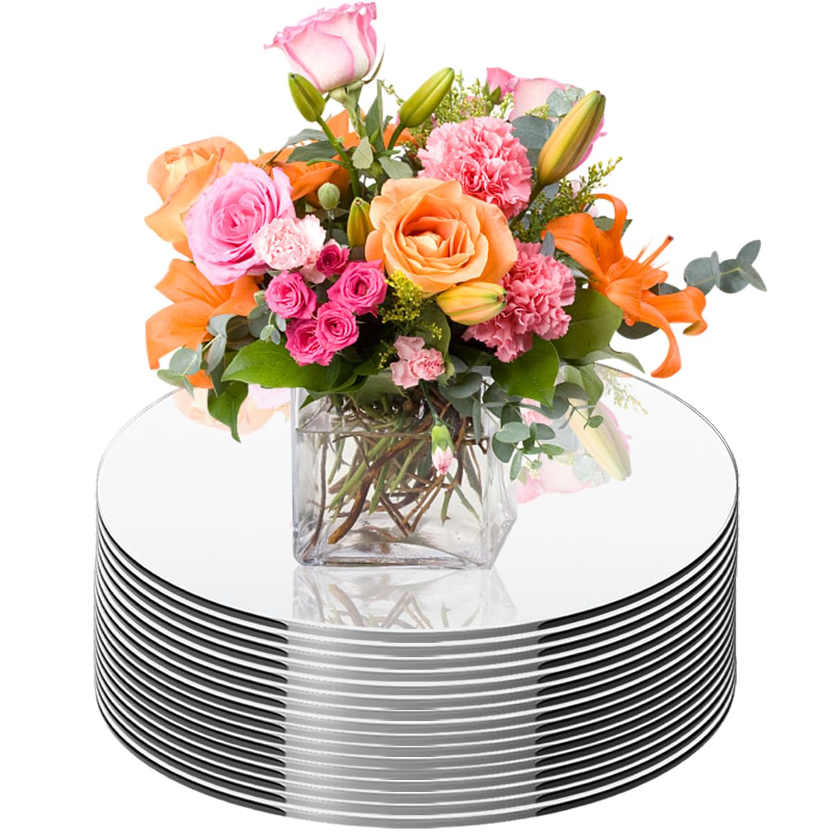 Photo 1 of 17 Pcs Round Mirror Centerpieces for Tables No Glass 6“ 8” Acrylic Circle Wall Mirror Tray Candle Plate Mirror Sheets for Wedding Valentine Christmas Party Table Centerpieces Room Decor