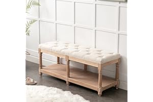 Bonzy Home Tufted Extra-Long Entryway Bench with Shoe Storage, 45” French Vintage Bedroom Benches Upholstered Dining Benches, Fabric End of Bed Bench for Bedroom Dining Room Living Room, Beige