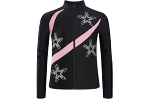 Jizyo Girls Ice Skating Jacket Rhinestone Long Sleeve Zipper Sweatshirt Yoga Gymnastics Training Figure Skating Jacket Top