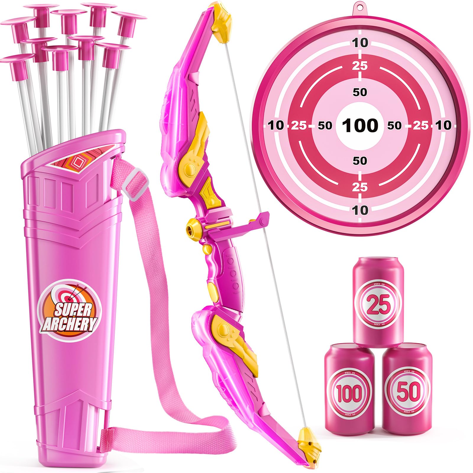 Photo 1 of *** missing target and other small pieces*** NIPLOOOW Kids Bow and Arrow Set, LED Light Up Archery Toy Set with 10 Suction Cup Arrows,Target & Arrow Quiver, Bow and Arrows Set Toys Gift for 3 4 5 6 7 8 9 10 11 12 Year Old Kids Boys Girls (Pink)