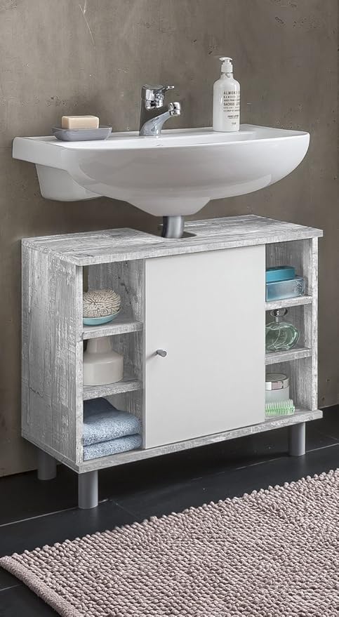 WILMES Waschbecken-Unterschrank Simply, 1-türig, mit 6 Fächern, Beton/Weiß Melamin Dekor