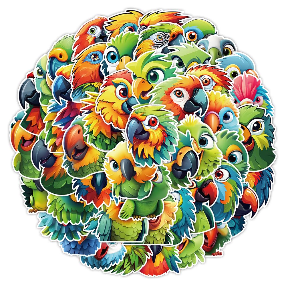 Colorful Parrot Vinyl Stickers, 50 PCS Waterproof Cute Tropical Bird Decals for Laptops, Scrapbooking, Journals, Notebooks, Water Bottles, Suitcases, Phones & DIY Decor