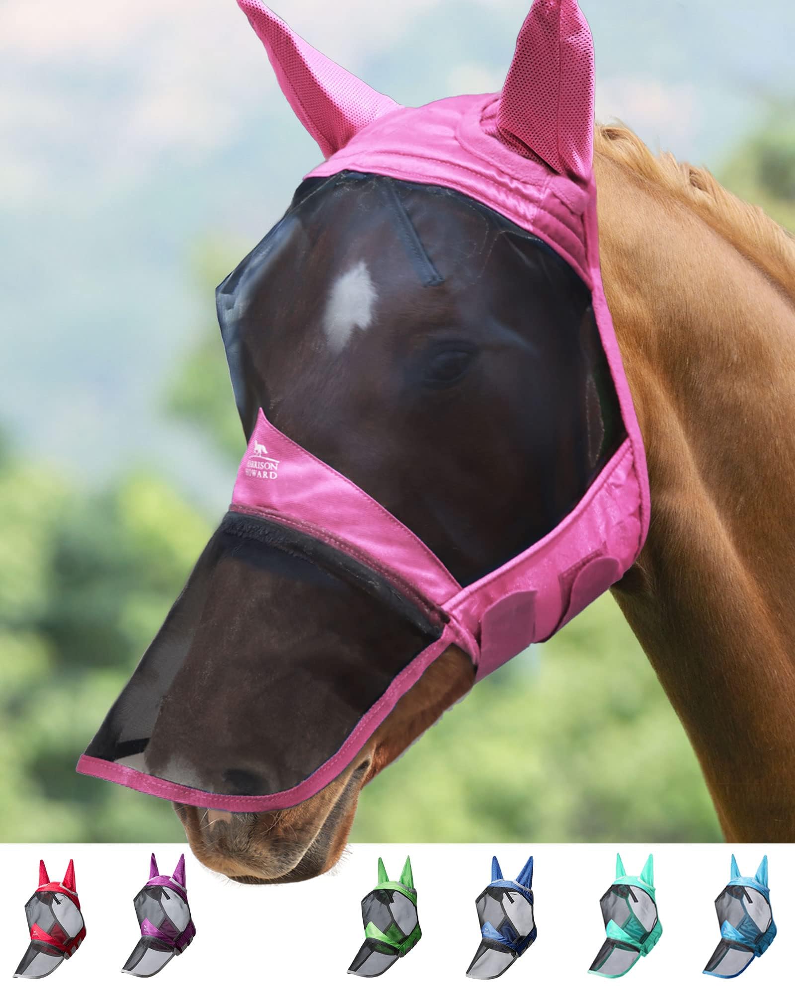 Harrison Howard CareMaster Pro Luminous Horse Fly Mask Large Eye Space Long Nose with Ears UV Protection for Horse Light Pink Extra Full Size — image 1