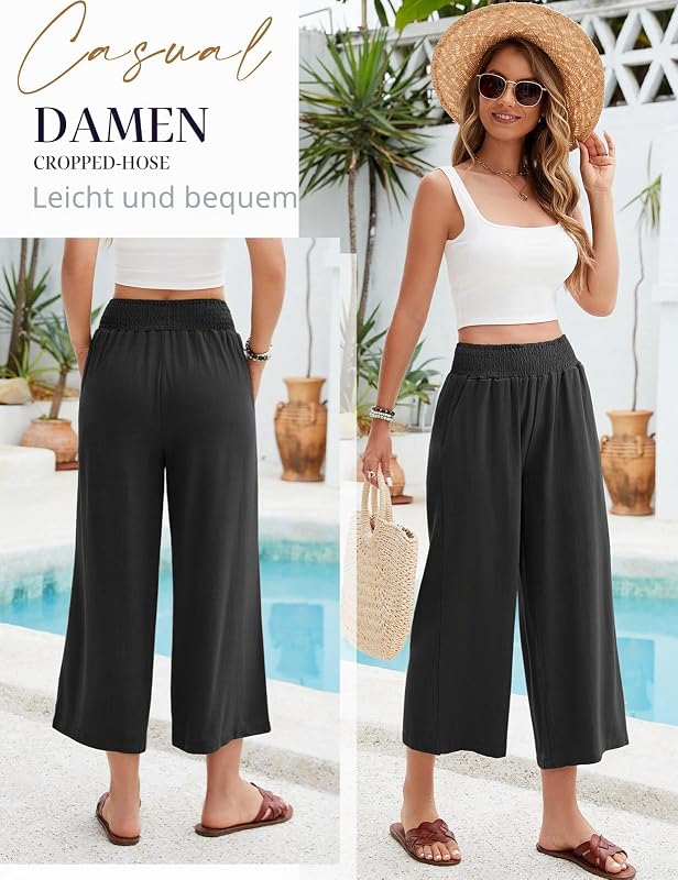 Damen Leinenhose Sommer 3/4 Culotte Hose Leichte Weite Casual Baumwolle Freizeithose Elegant Sommerhose Elastische Taille Stoffhose Loose Fit Strandhose mit Taschen (Schwarz, S)