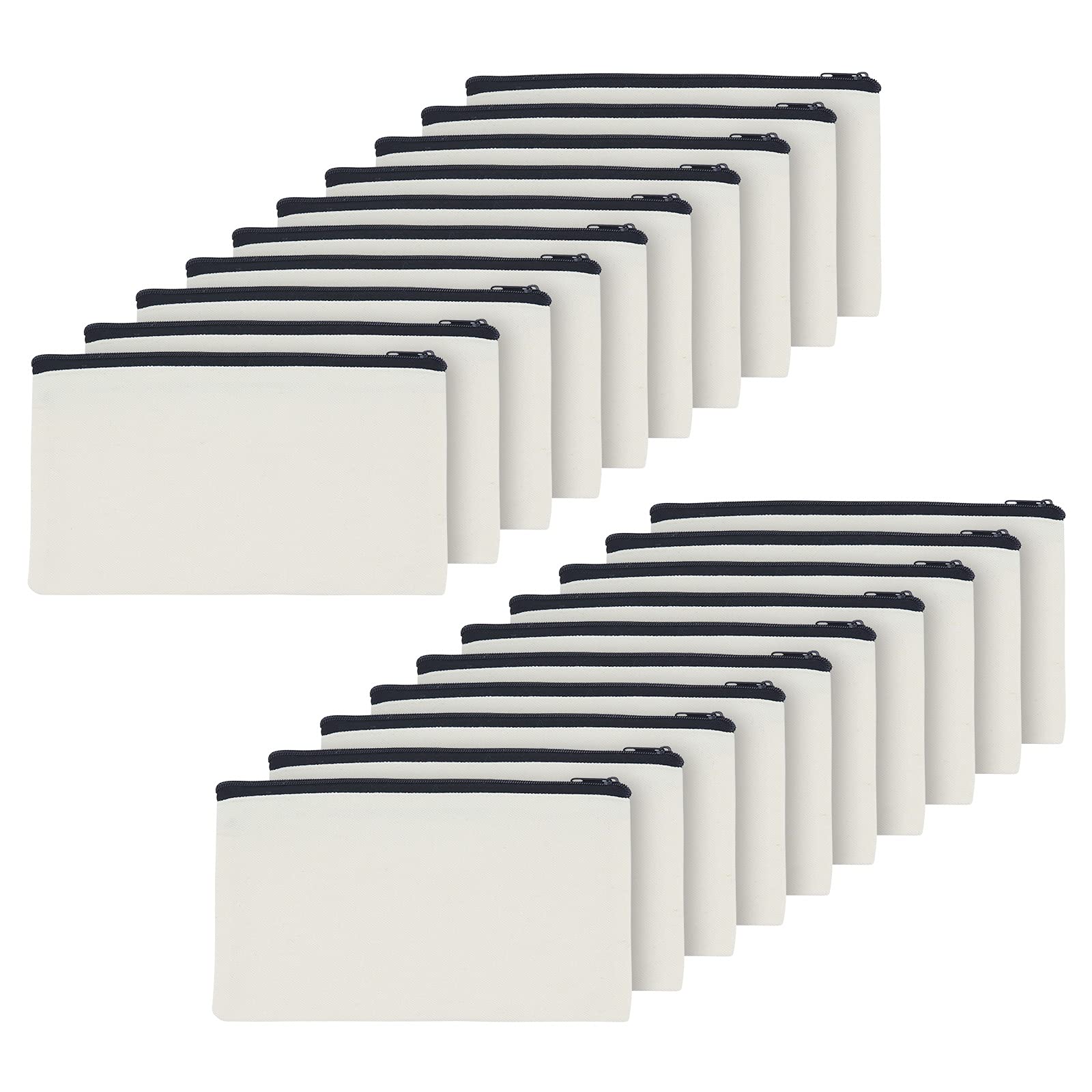 20 Pcs Blank Canvas Bags with Zipper, Multipurpose Pouch, Makeup Bag Cosmetic Bags Pencil Case, DIY Craft Bags (Black Zippers)