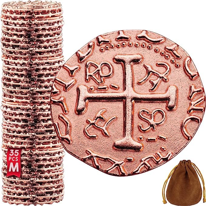 Large Metal Pirate Coins - 35 Rose Gold Treasure Coin Set, Metal Replica Spanish Doubloons for Board Games, Tokens, Toys, Cosplay - Realistic Money Imitation, Pirate Treasure Chest - Size 25 mm