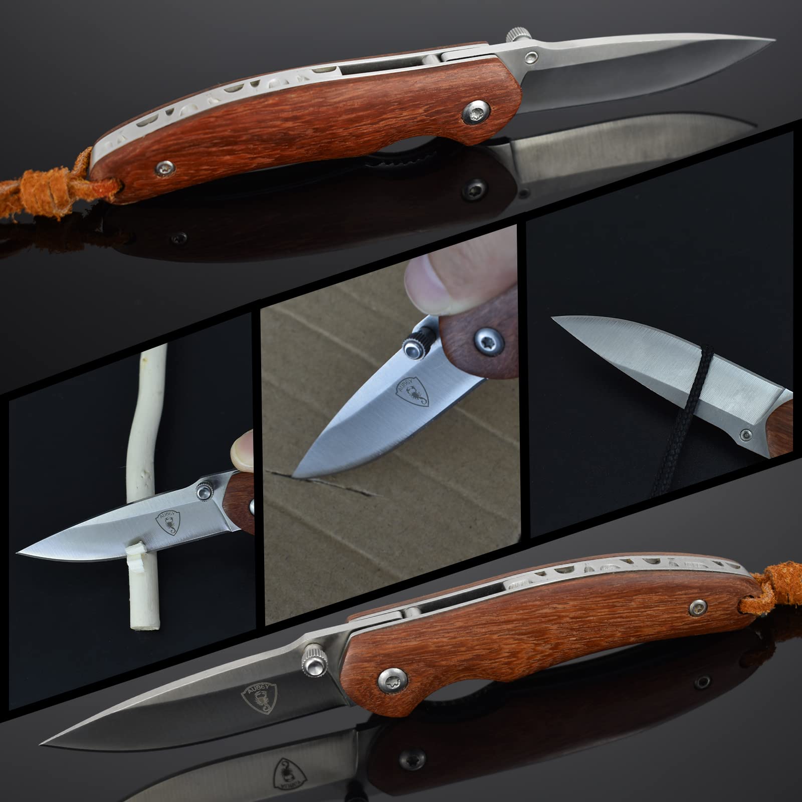 AUBEY Taschenmesser Klein, Scharfes Klappmesser Mini Messer mit 440 Stahl Klinge, Holzgriff, Liner Lock - EDC Messer Pocket Knife für Outdoor Survival Jagd Angeln Geschenk Sammeln 3