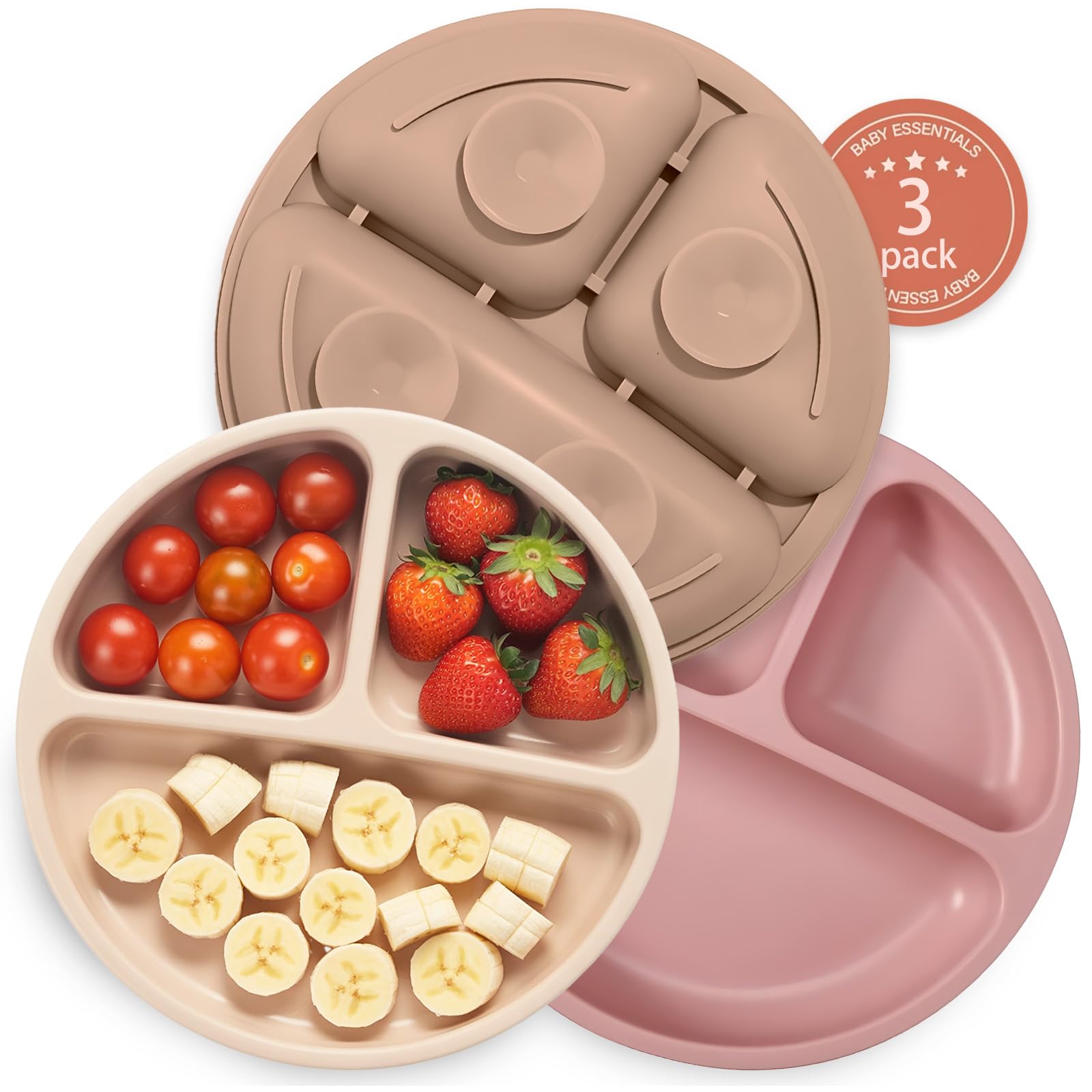 Baby Suction Plate Set of 3 - Non Slip Baby Plate, Divided Plates for Toddlers and Kids Childrens, BPA-Free Unbreakable Plates (Light Pink/Cream/Khaki)