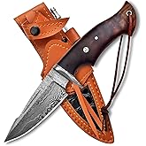 Hunting Knife 10 Inches - Handmade Damascus Steel Fixed Blade Knives - Walnut Wood Handle & Leather Sheath - Bushcraft Outdoor, Skinning & Survival Knife