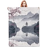 Watercolor Cherry Blossom Blanket Gifts for Women Girls Adults Kids Soft Warm Lightweight Cozy East Asian Landscape Flower Throw Blankets for Bed Living Room Sofa Travel Home Decor 50"x60"