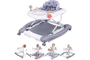 PAWTONG Foldable Baby 5-in-1 Activity Walker - Rocker, Activity Center, Bouncer, Seat Walker, Push Walker - Adjustable Speed Rear Wheels and Height Toys Ages 6-18 Months… (Grey)